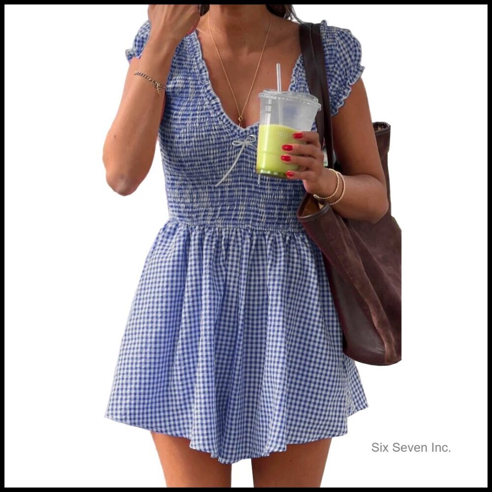 Gingham Romper Puff Sleeve V Neck Smocked Bodice Wide Leg Jumpsuit Summer Chic